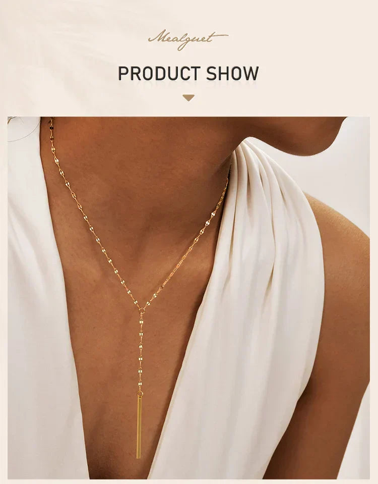 Y Lariat Necklace with Bar Pendant, Stainless Steel Long Chain, Women's Trendy Necklaces