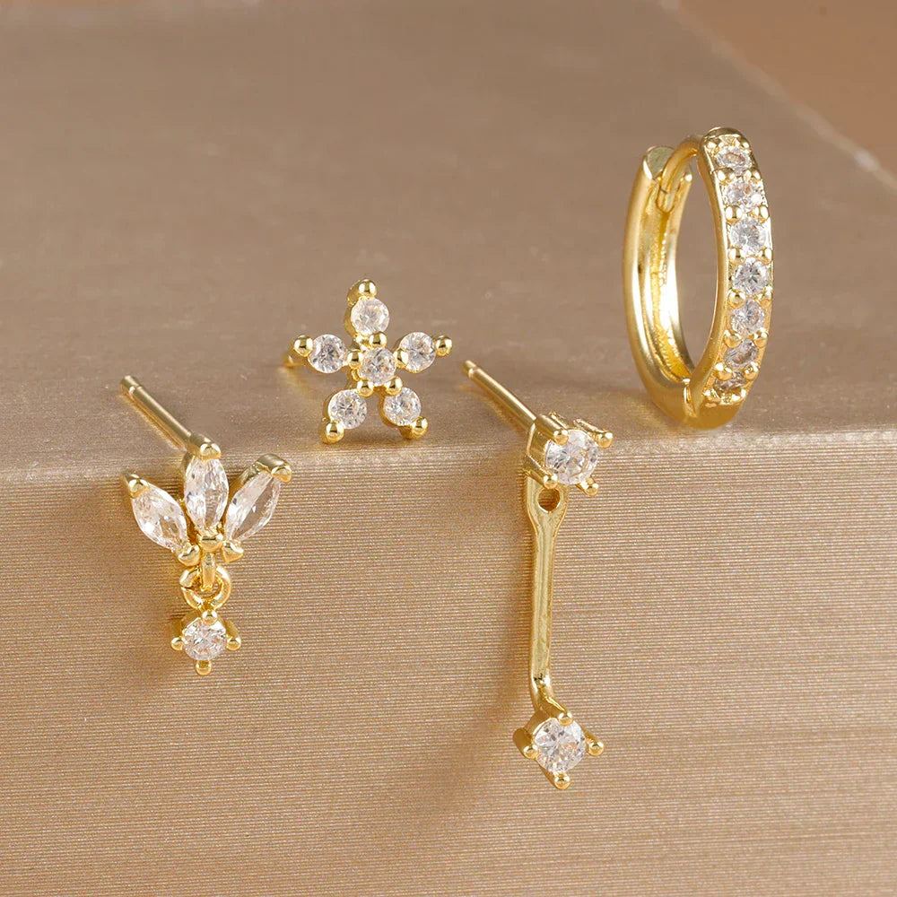 4PCS Stainless Steel Circle Huggie Hoop Earrings Set Gold Color Unique Zircon Flower Stud Earring Piercing Jewelry
