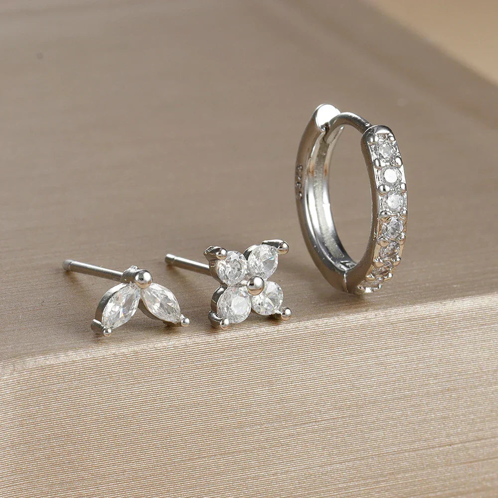 3PCS Stainless Steel Gold Color Circle Hoop Earrings Set Simple Zircon Flower Stud Earring Cartilage Piercing Jewelry