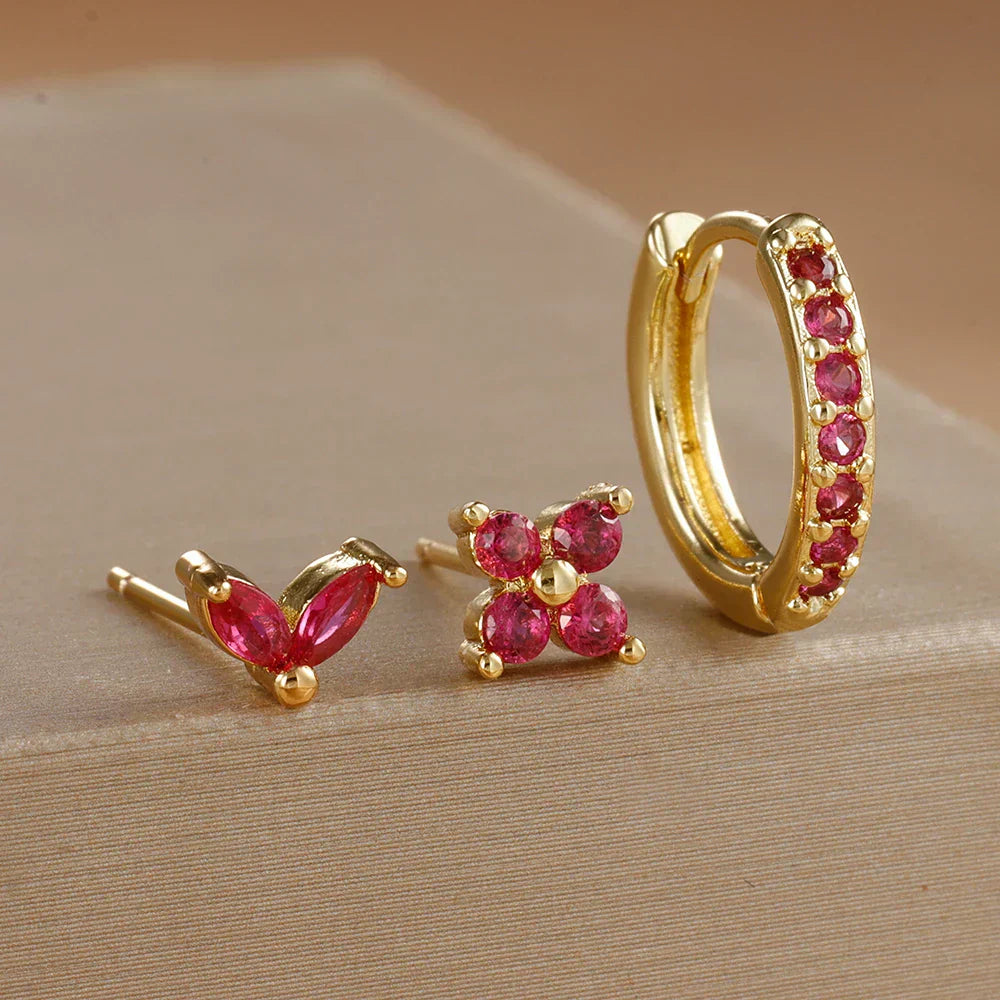 3PCS Stainless Steel Gold Color Circle Hoop Earrings Set Simple Zircon Flower Stud Earring Cartilage Piercing Jewelry