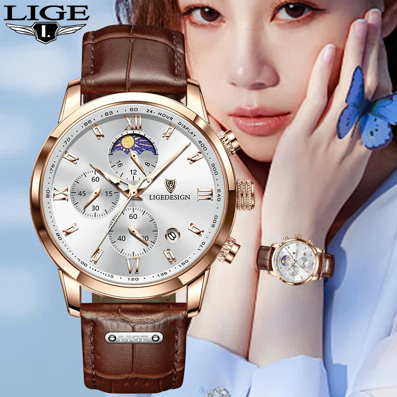Edle Damen Armbanduhr Lederarmband Analog Quarz wasserbeständig