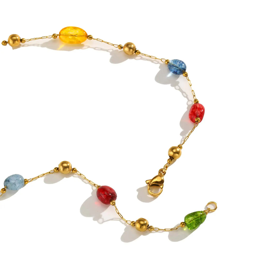 Summer Colorful Rainbow Natural Stone Boho Necklace for Women, Stainless Steel Beaded Chain Y-Shaped Necklace, Fashion Jewelry