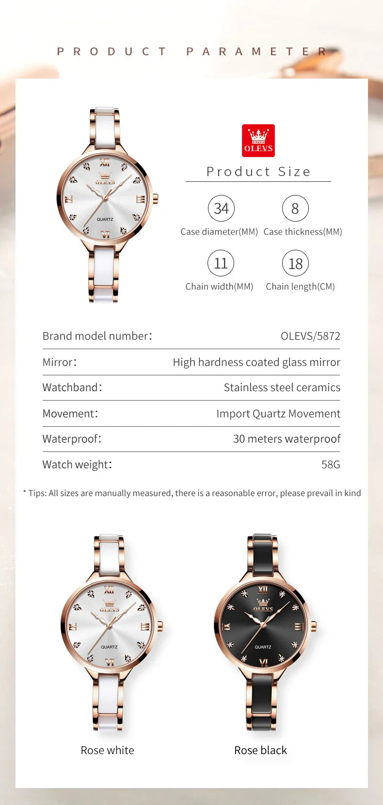 Olevs 5872 Women's Quartz Watch – Elegant Ceramic Wristwatch, Waterproof, Japanese Movement