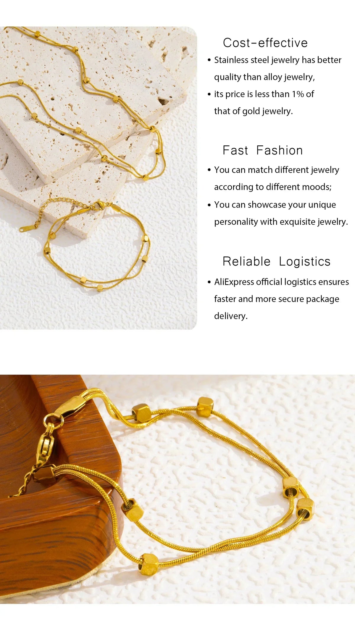 Double Layer Chain Necklace & Bracelet for Women, 18K Gold Plated Stainless Steel, Minimalist Hypoallergenic Daily Wear Jewelry