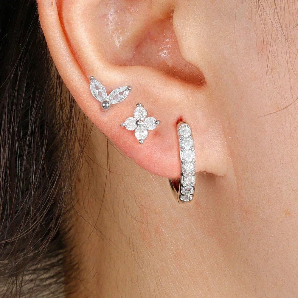 3PCS Stainless Steel Gold Color Circle Hoop Earrings Set Simple Zircon Flower Stud Earring Cartilage Piercing Jewelry