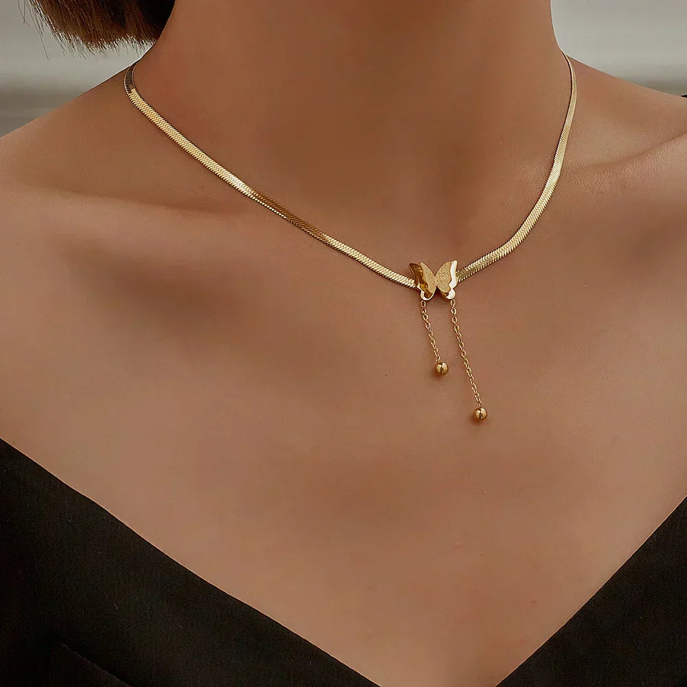 Multilayer Vintage Butterfly Necklace Gold Color 316L Stainless Steel Blade Snake Chain Charms Choker Jewelry Gift – Necklace