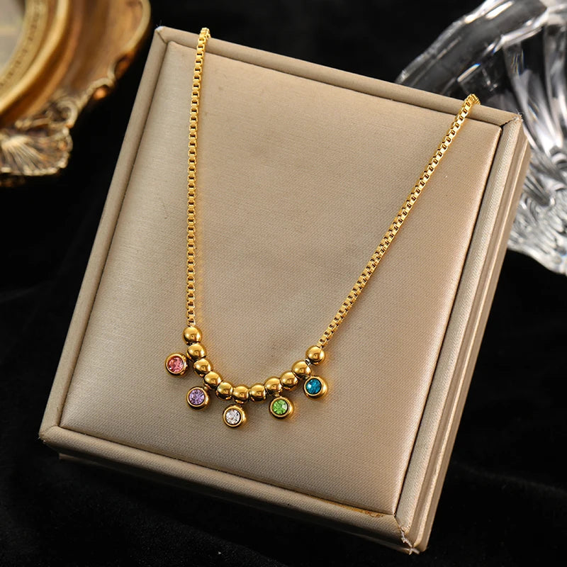 EILIECK 316L Stainless Steel Geometric Colorful Crystal Zirconia Pendant Necklace For Women Fashion Neck Chain Jewelry Gift