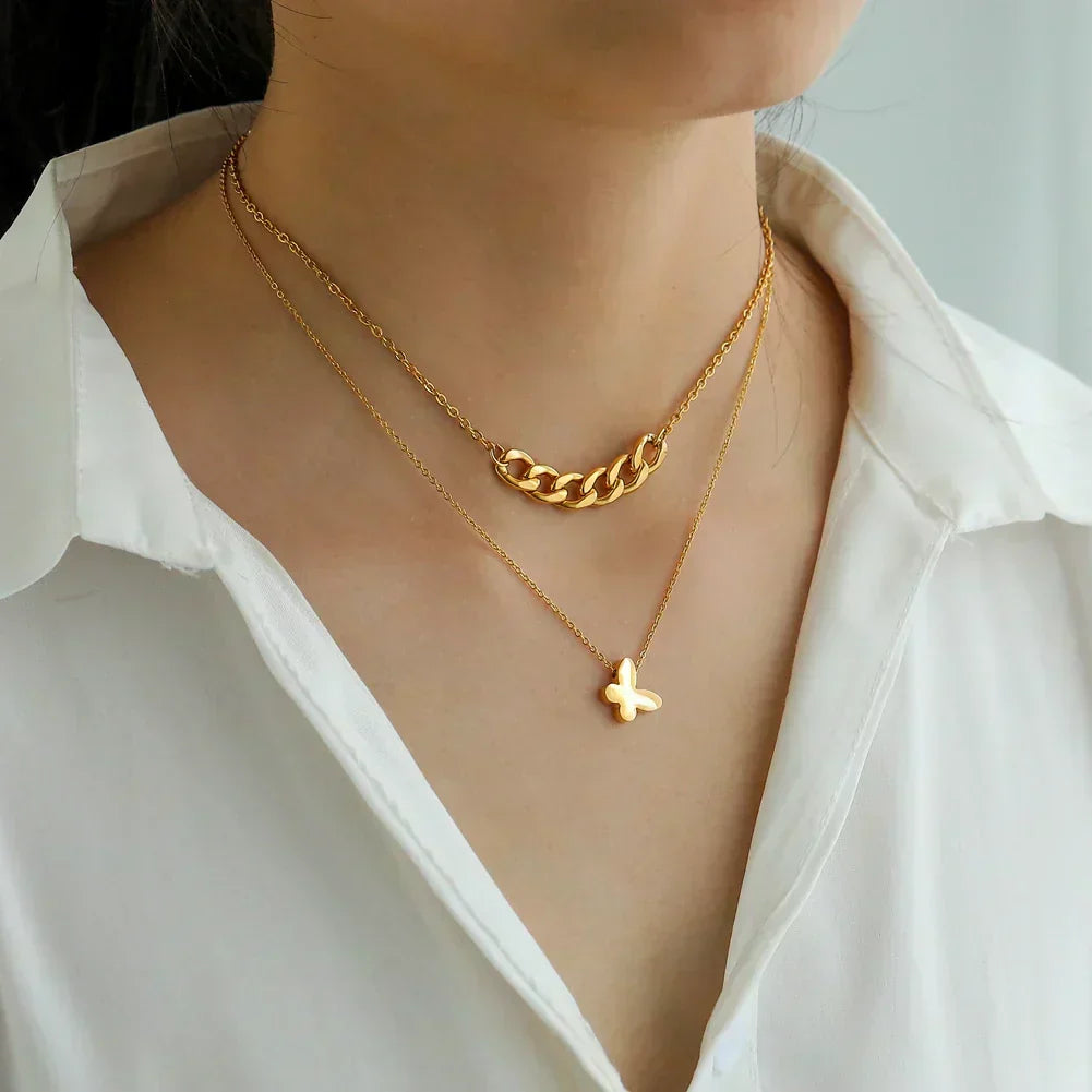 Multilayer Vintage Butterfly Necklace Gold Color 316L Stainless Steel Blade Snake Chain Charms Choker Jewelry Gift – Necklace