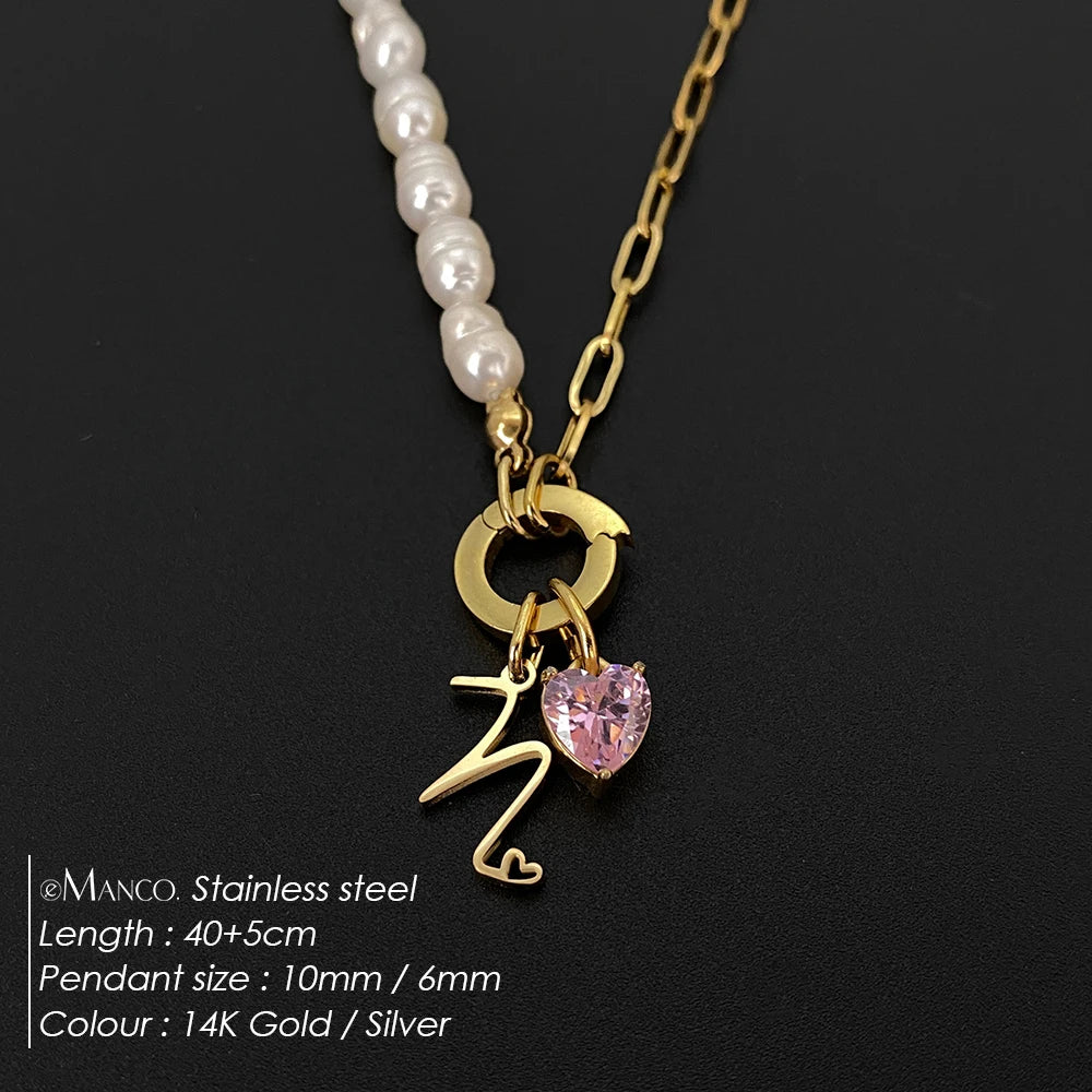 eManco Natural Freshwater Pearl Heart Stainless Steel Cubic Zirconia Pendant Necklace Aesthetic Luxury Chain Jewelry Gift – Halskette