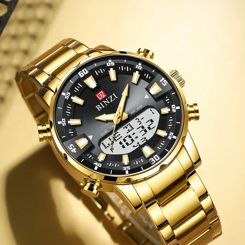 Luxury Men's Wristwatch 2025 – Golden Stainless Steel Watch with Dual Display | Relogio Masculino