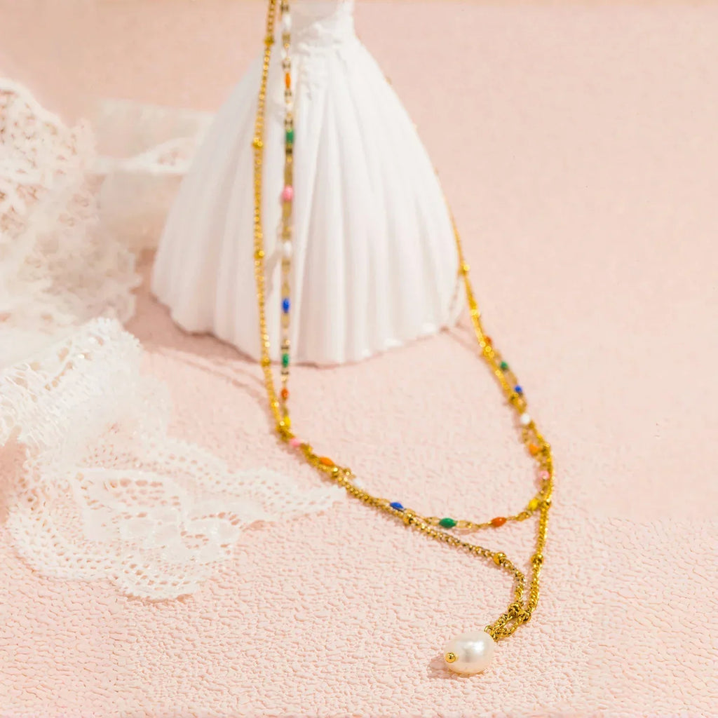 UHBINYCA Double-layer Layered Necklace for Women, Stainless Steel Chain Pearl Charm Pendant Necklace for Daily Jewelry