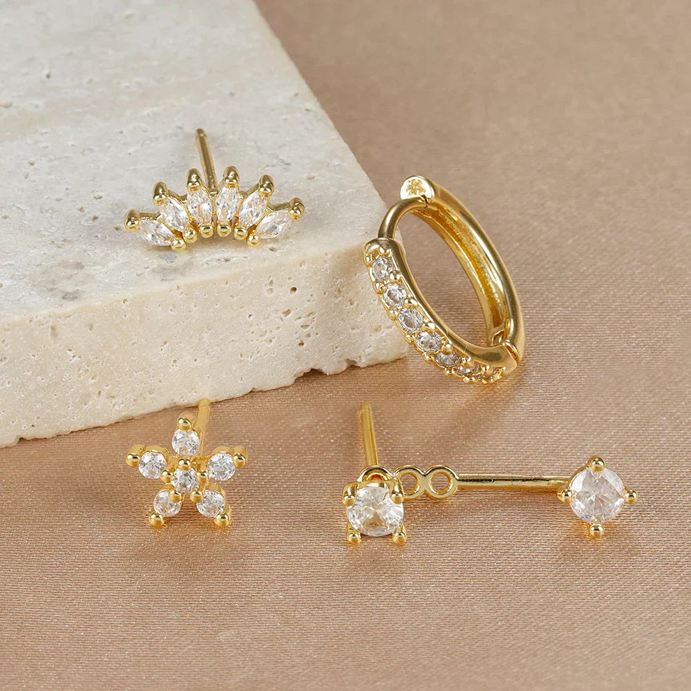 4PCS Stainless Steel Circle Huggie Hoop Earrings Set Gold Color Unique Zircon Flower Stud Earring Piercing Jewelry