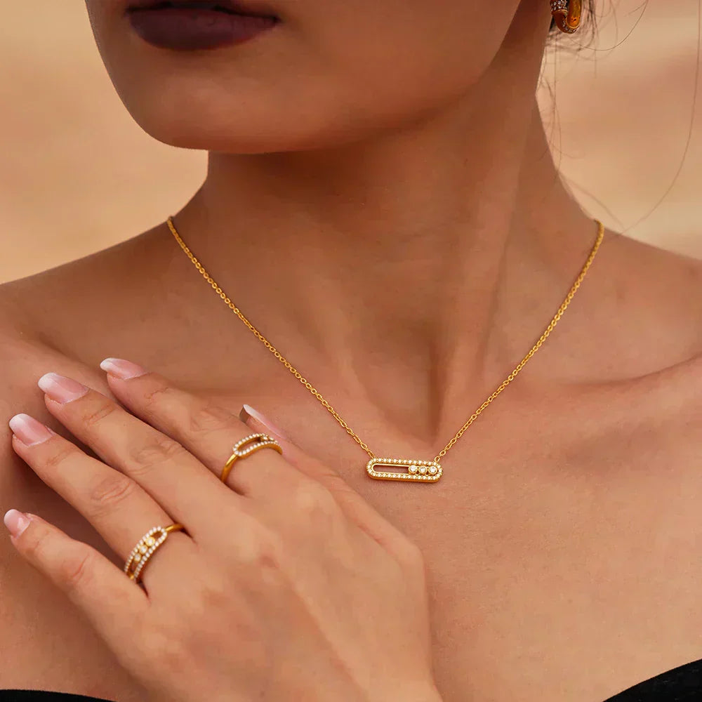 Stainless Steel 18K Chain Gold Color Luxury Necklace Shiny Zirconia Hollow Pendant Necklace Ring Jewelry Set Gift