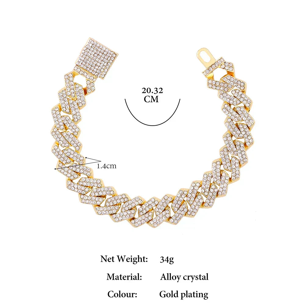 14MM Iced Prong Link Cuban Chain Bracelets Full Rhinestones Chunky Miami Cuban Bracelet Punk Hip Hop Jewelry Gift – Halskette