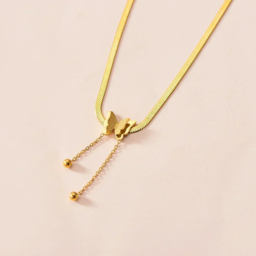 Multilayer Vintage Butterfly Necklace Gold Color 316L Stainless Steel Blade Snake Chain Charms Choker Jewelry Gift – Necklace