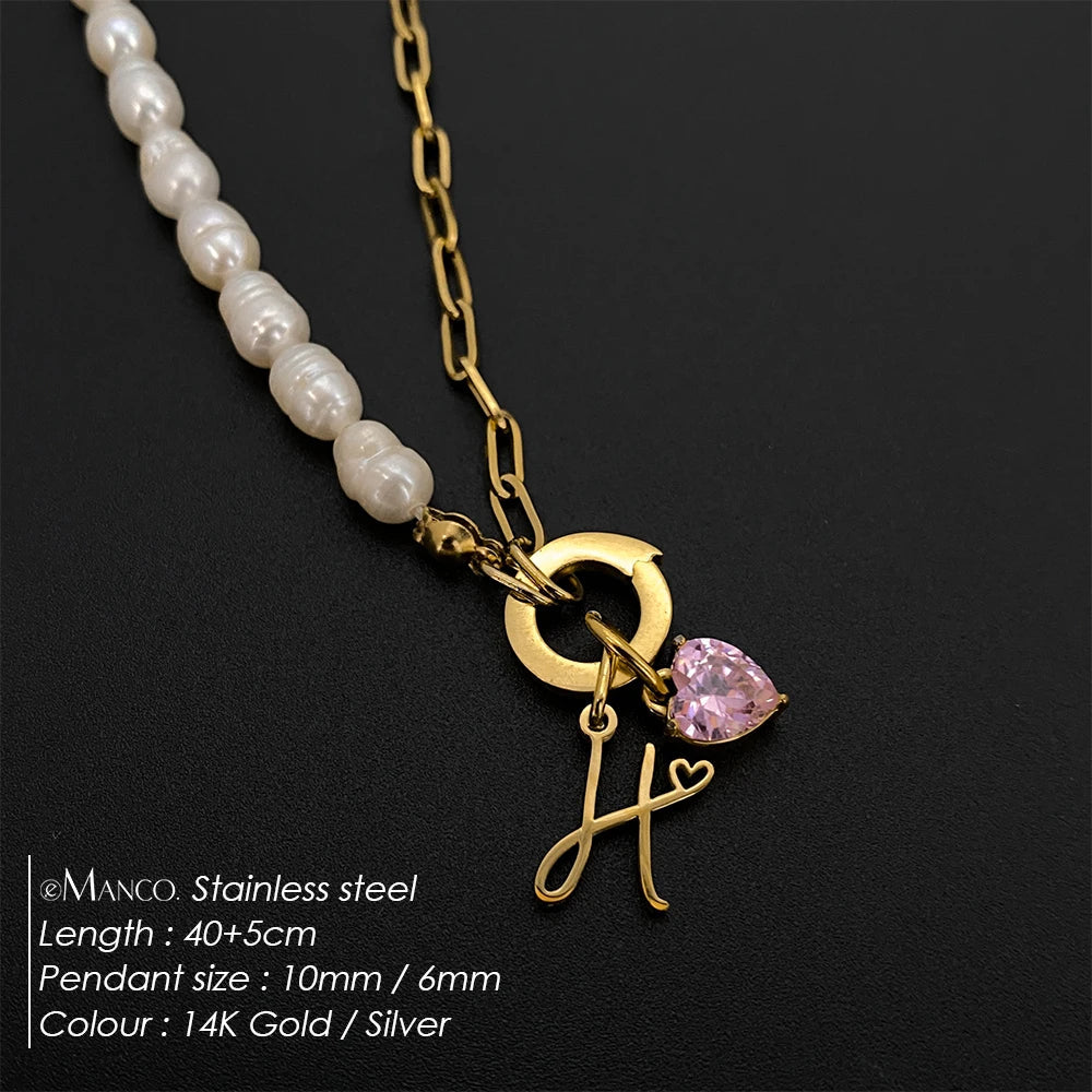 eManco Natural Freshwater Pearl Heart Stainless Steel Cubic Zirconia Pendant Necklace Aesthetic Luxury Chain Jewelry Gift – Necklace