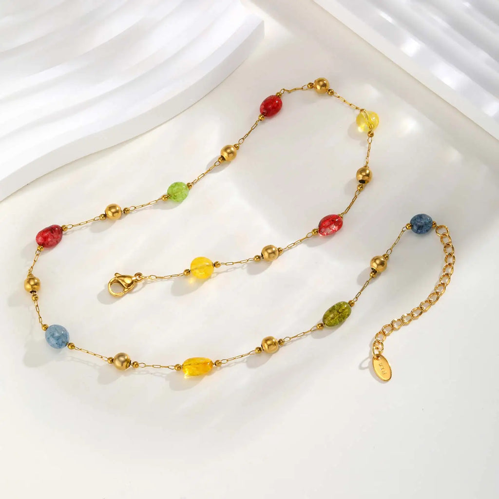 Summer Colorful Rainbow Natural Stone Boho Necklace for Women, Stainless Steel Beaded Chain Y-Shaped Necklace, Fashion Jewelry