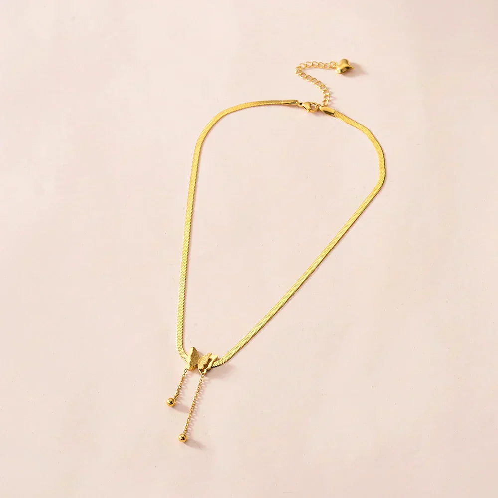 Multilayer Vintage Butterfly Necklace Gold Color 316L Stainless Steel Blade Snake Chain Charms Choker Jewelry Gift – Necklace