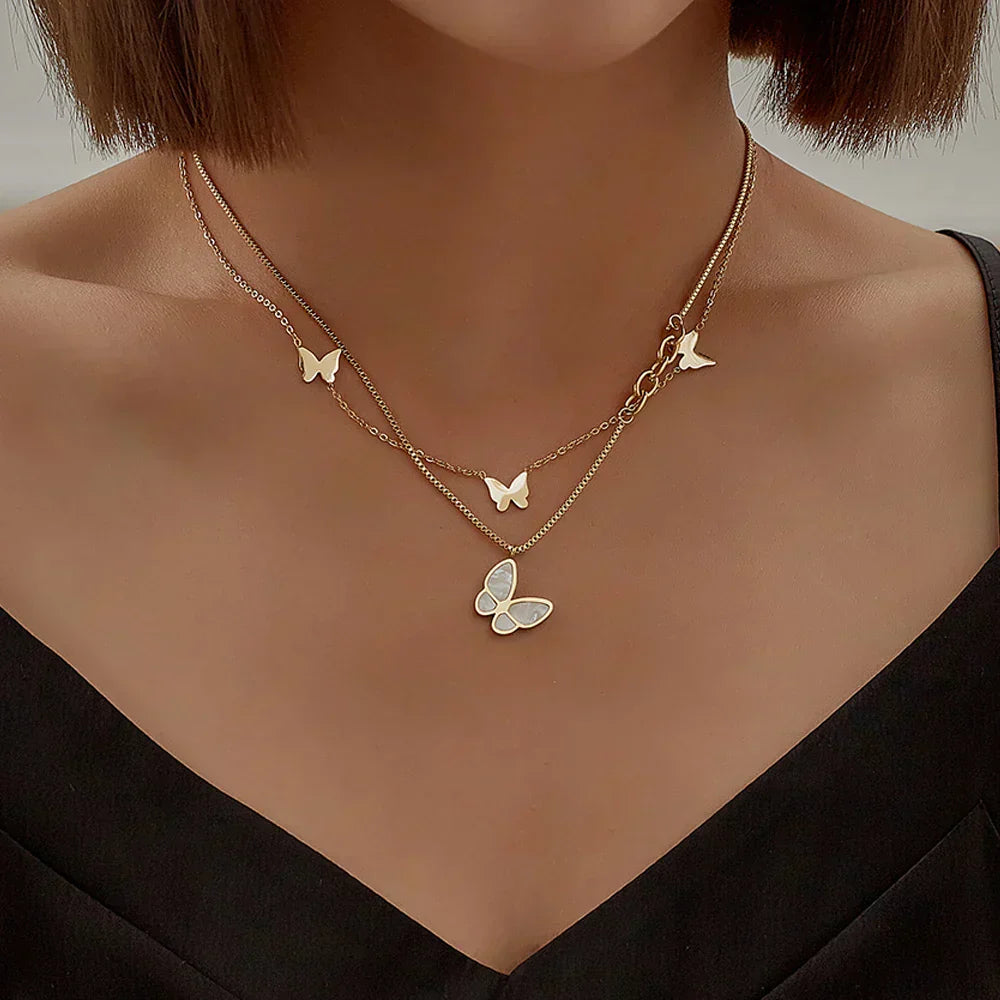 Multilayer Vintage Butterfly Necklace Gold Color 316L Stainless Steel Blade Snake Chain Charms Choker Jewelry Gift – Necklace