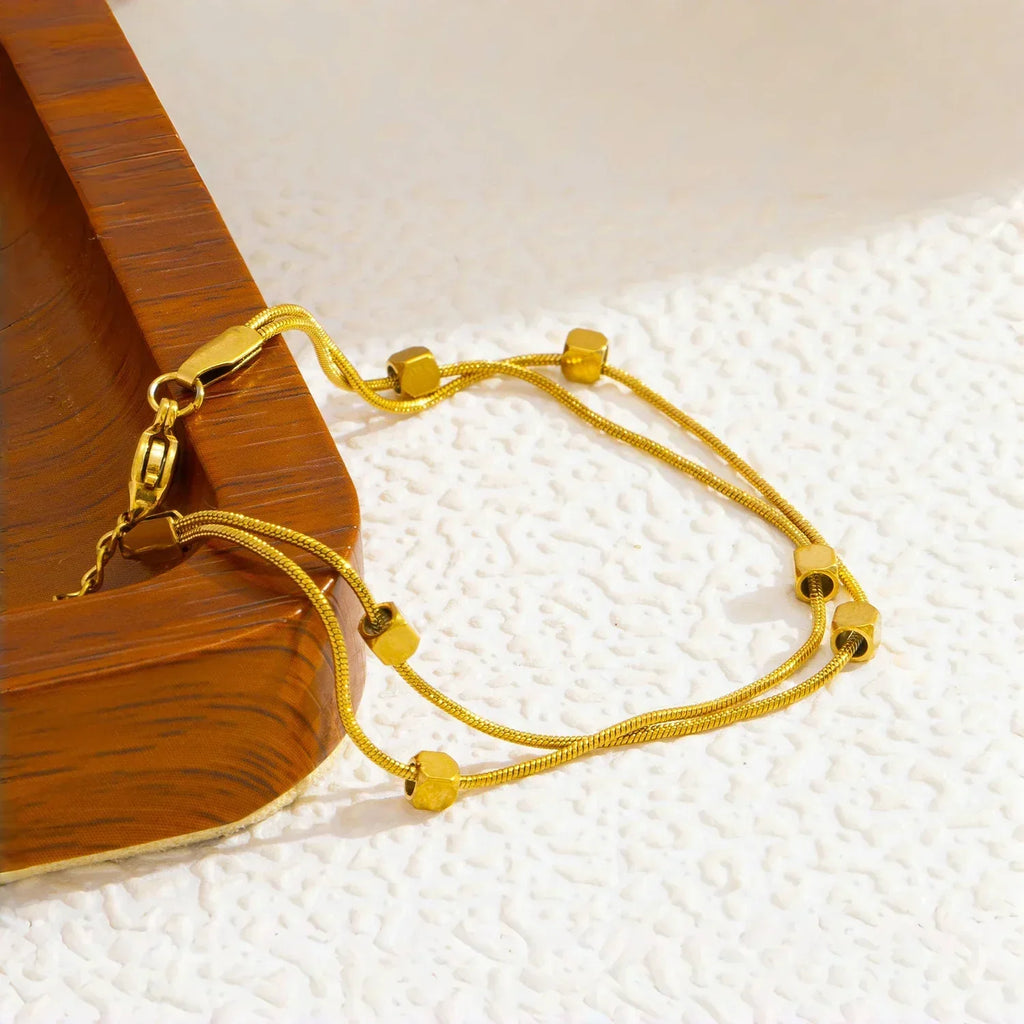 Double Layer Chain Necklace & Bracelet for Women, 18K Gold Plated Stainless Steel, Minimalist Hypoallergenic Daily Wear Jewelry