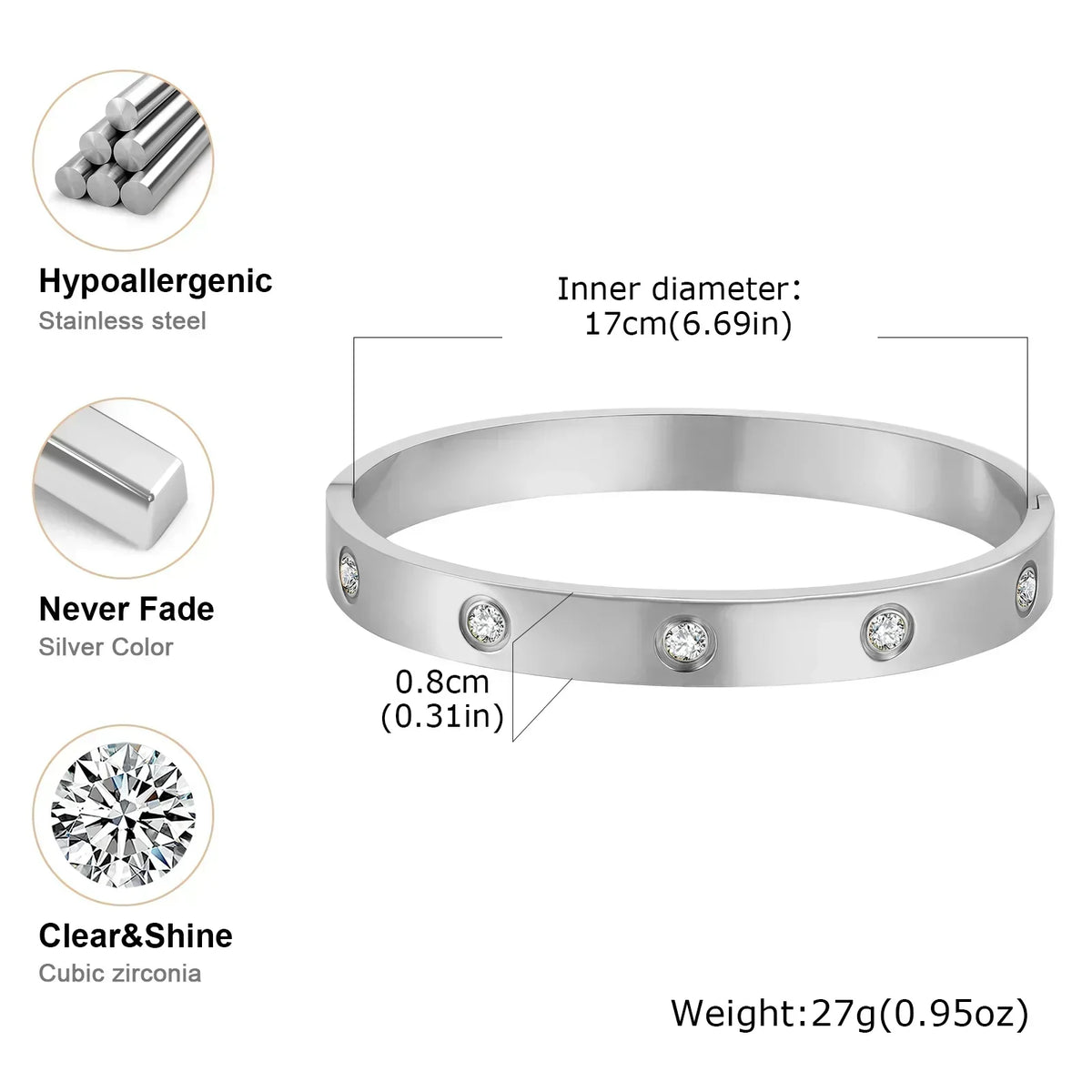 Luxurious Cubic Zircon Openable Bracelet ,Stainless Steel Round Bangle Bracelets,Charm Jewelry Gifts – Armband