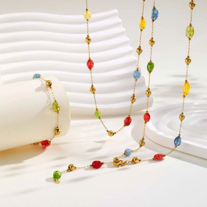 Summer Colorful Rainbow Natural Stone Boho Necklace for Women, Stainless Steel Beaded Chain Y-Shaped Necklace, Fashion Jewelry