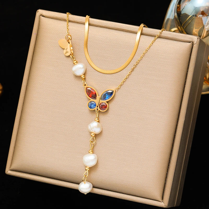 EILIECK 316L Stainless Steel Geometric Colorful Crystal Zirconia Pendant Necklace For Women Fashion Neck Chain Jewelry Gift