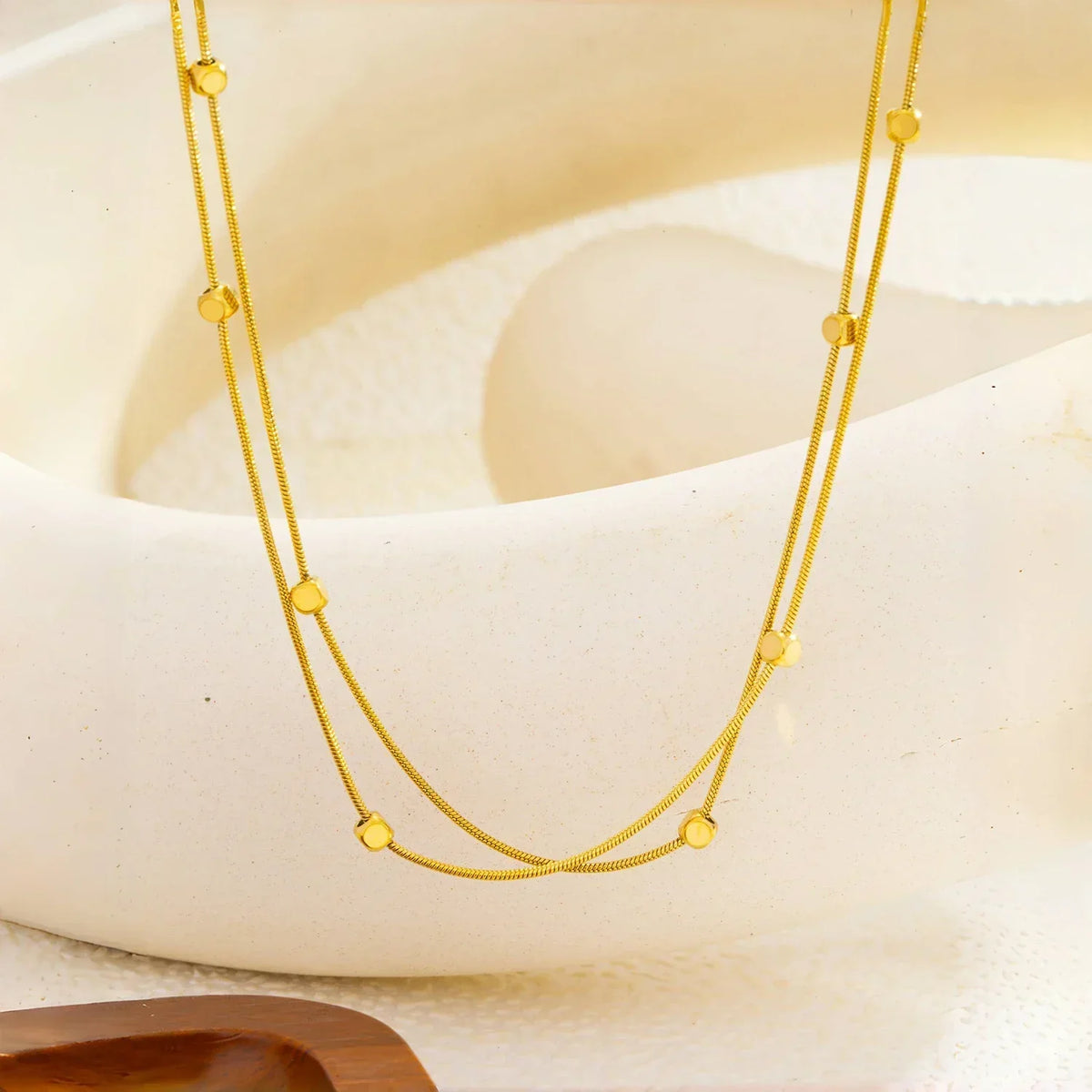 Double Layer Chain Necklace & Bracelet for Women, 18K Gold Plated Stainless Steel, Minimalist Hypoallergenic Daily Wear Jewelry