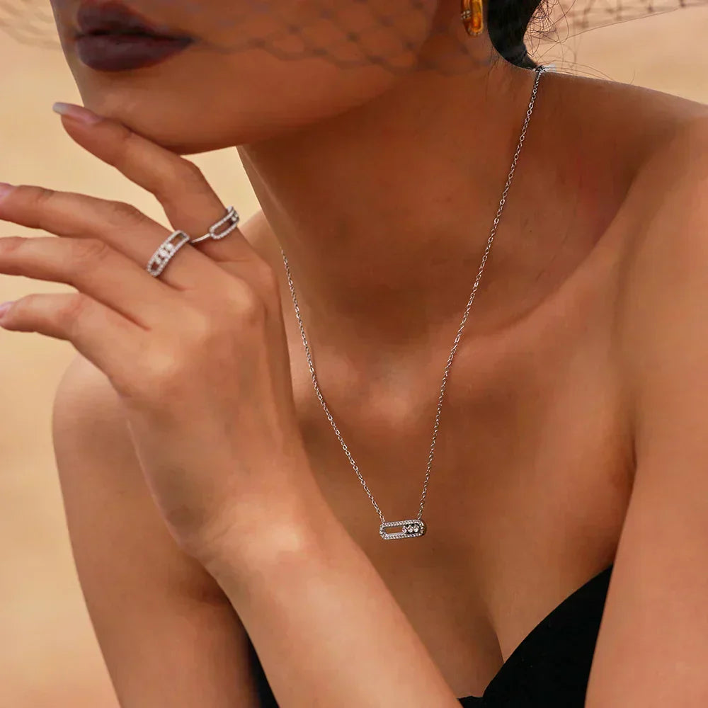 Stainless Steel 18K Chain Gold Color Luxury Necklace Shiny Zirconia Hollow Pendant Necklace Ring Jewelry Set Gift