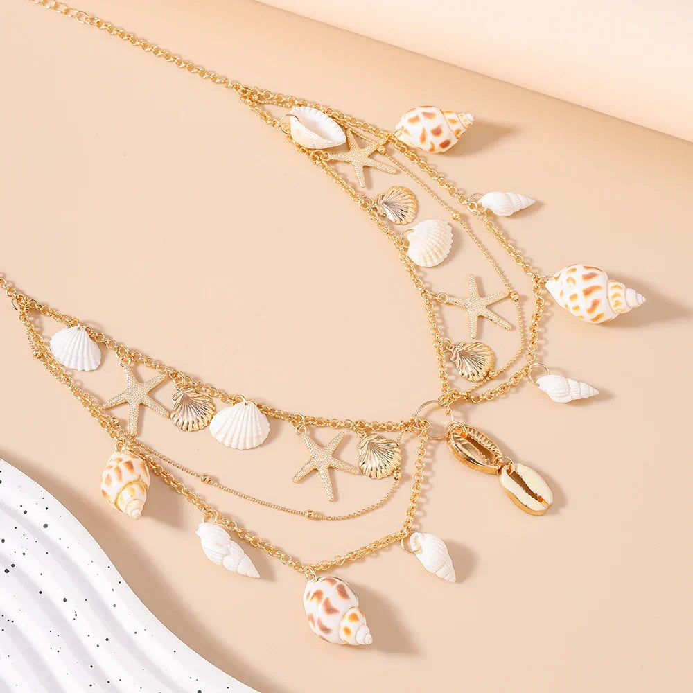 Aihua Summer Beach Metal Starfish Conch Shell Necklace For Woman Girls Hot Sale Boho Necklace Party Fashion Jewerly Gifts