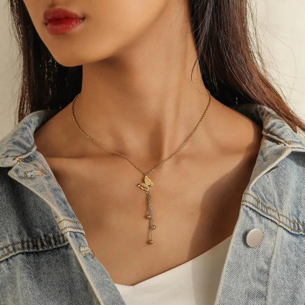 Multilayer Vintage Butterfly Necklace Gold Color 316L Stainless Steel Blade Snake Chain Charms Choker Jewelry Gift – Necklace