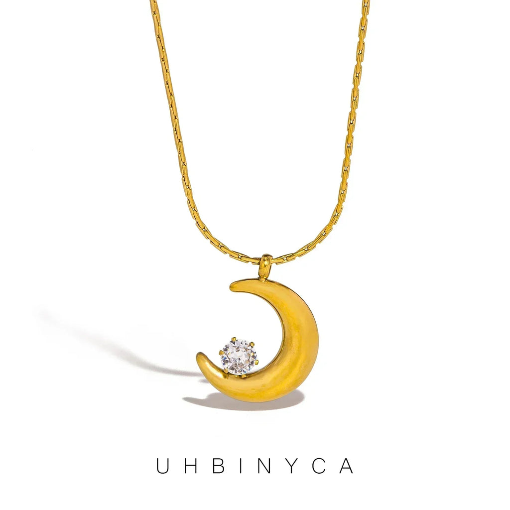 UHBINYCA Personality Geometric Moon Sparkling Zirconia Necklace Trendy Crescent Pendant Jewelry Women Vacation Choker Gifts