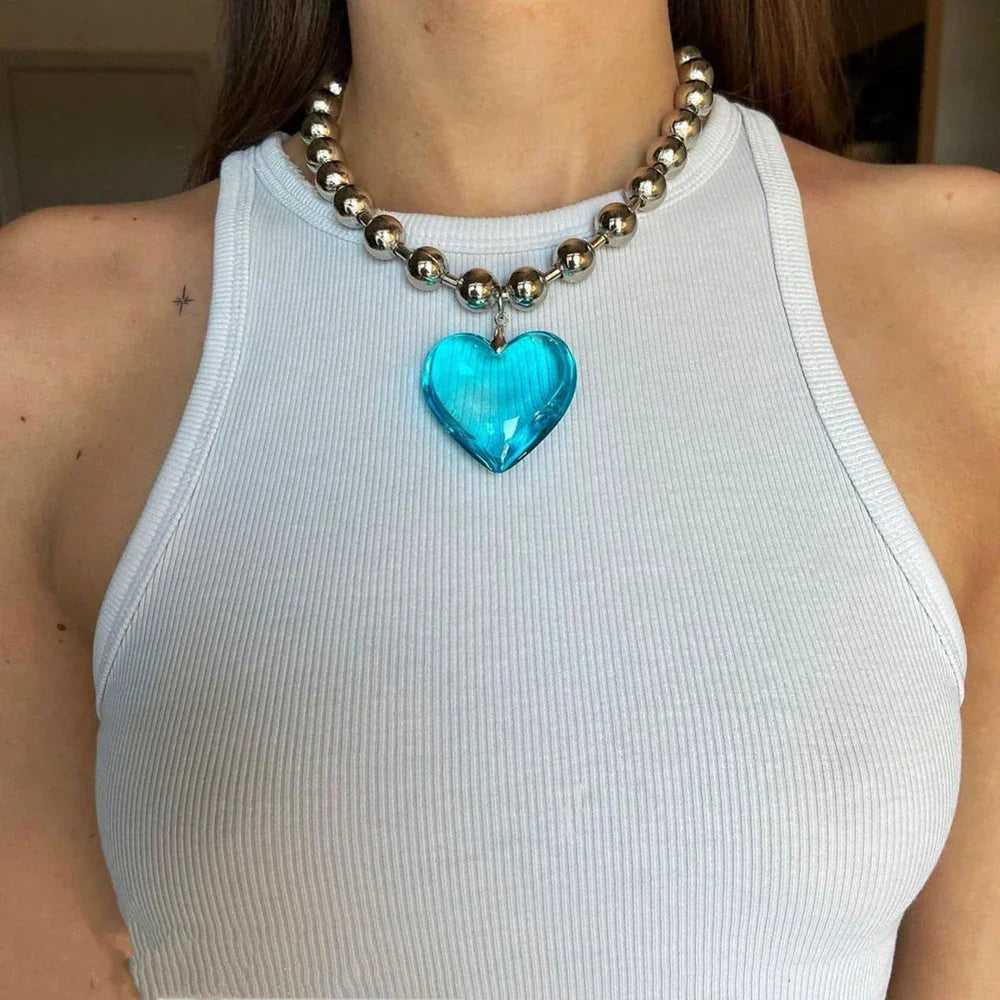 Grunge Fashion Glass Heart Pendant Necklace Y2K Oversize Ball Beads Chain Statement Choker Necklace for Women Club Punk Jewelry