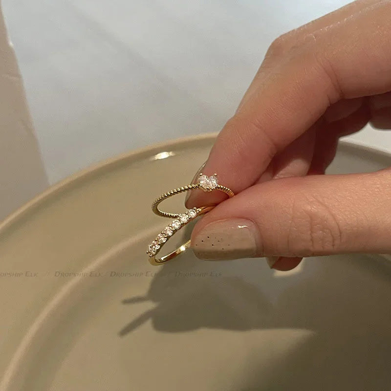 2pcs/set Gold Color Heart Zircon Rings Set Girls Adjustable Minimalism Luxury Twist Ring Fashion Jewelry Wedding Gifts