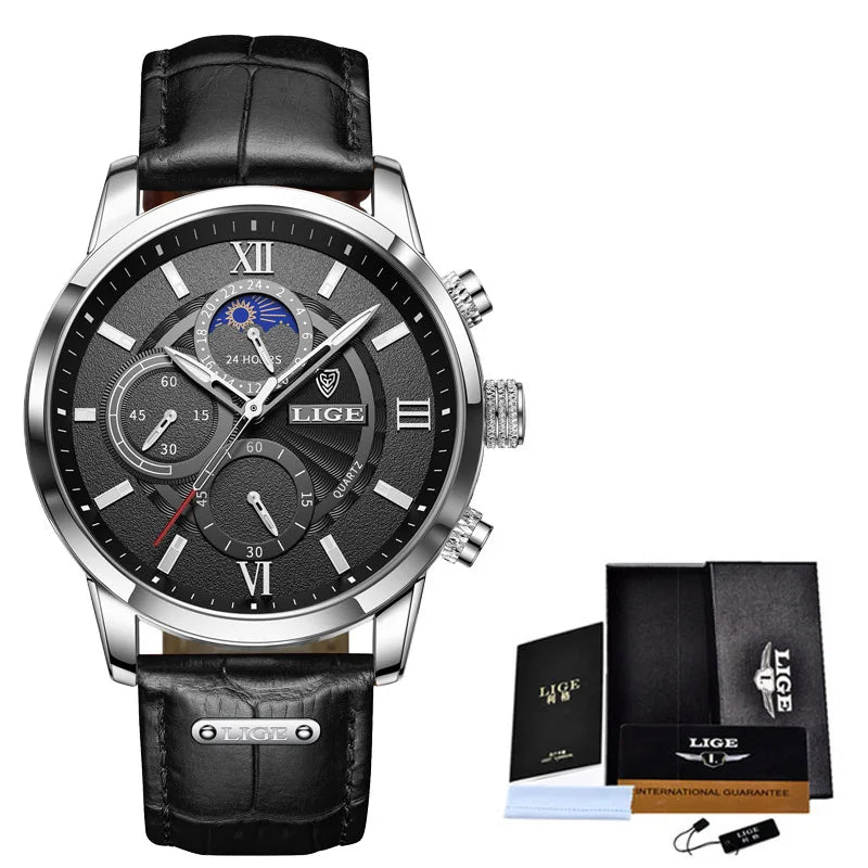Herren Chronograph – Luxus Quarz-Armbanduhr mit Mondphase & Lederarmband | Sportlich & Elegant | 3ATM Wasserdicht