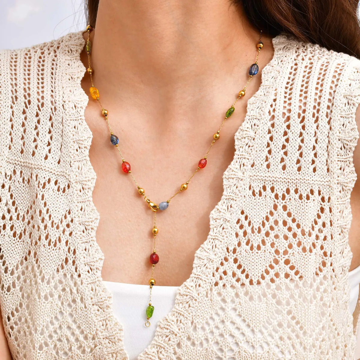 Summer Colorful Rainbow Natural Stone Boho Necklace for Women, Stainless Steel Beaded Chain Y-Shaped Necklace, Fashion Jewelry