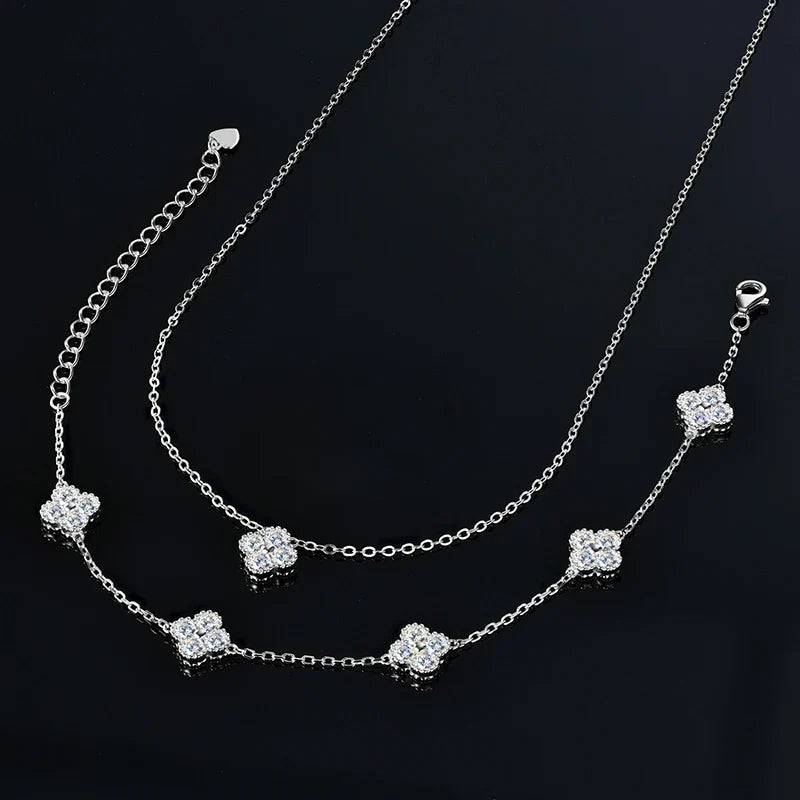 IOGOU 3 In 1 Clover Flower Jewelry Sets Silver 3mm D Moissanite Pendant Necklace Bracelet Stud Earrings Sets Charm